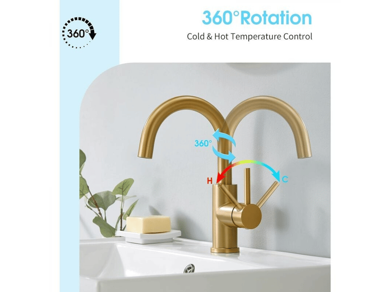  Robinet salle bain, robinet lavabo pivotant à 360°, mitigeur lavabo à bec haut, robinet pour salle de bain ou petite cuisine, doré brossé  - Conforama B
