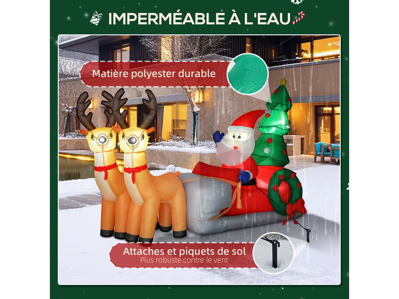  Père noël gonflable de 2,1 m sur traîneau avec deux rennes, décoration de gonflable noël avec lumières led intégrées  - Conforama R