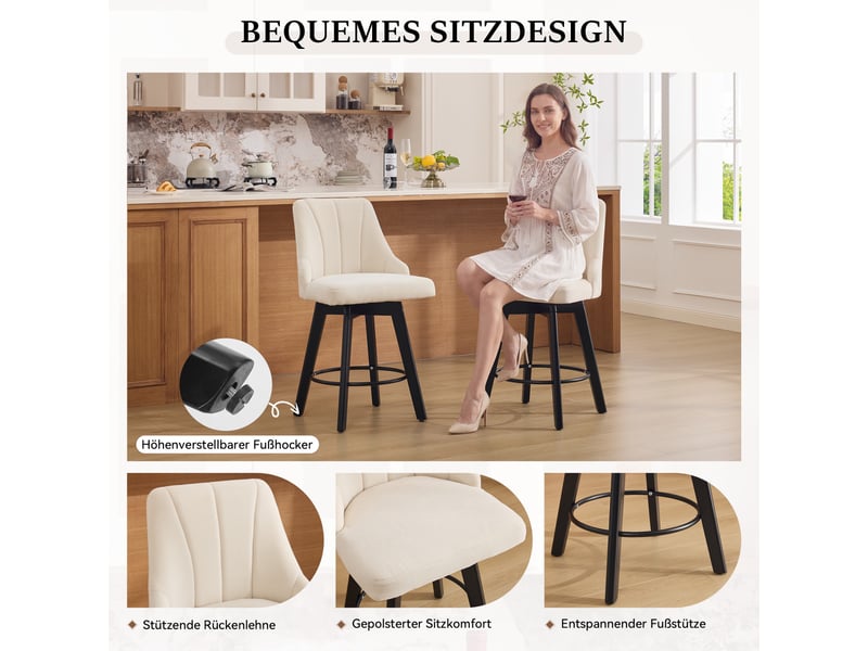  Lot de 2 tabourets de bar pivotants 53x53.5x94.5cm - avec dossier et repose-pédales en métal - tissu chenille - beige  - Conforama E