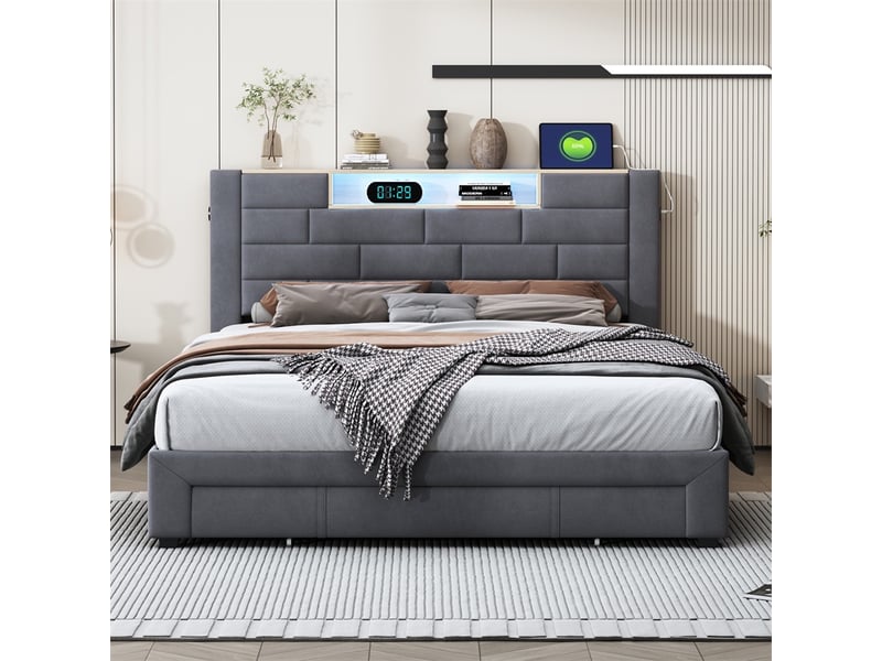  Lit 140x200cm - lit double 160x200cm - lit adulte tête de lit niche avec led et usb type-c et 3 tiroirs de rangement - velours gris  - Conforama C