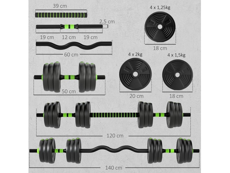  Set d'haltères réglables 20 kg 140 x 20 x 20 cm – vert – 3-en-1 avec barres droite et ez, musculation  - Conforama B