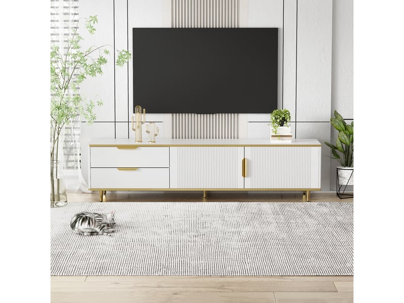  Meuble tv avec 2 tiroirs, 2 portes et motifs sculptés, blanc et doré pour salon, 170×37×45 cm  - Conforama E