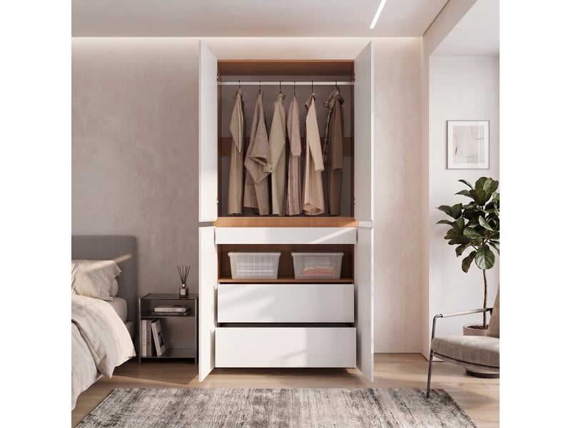  Armoire-penderie avec tiroir à bijoux, 90 x 50 x 200 cm, 4 portes, 1 penderie et 2 tiroirs, meuble haut moderne, finition chêne blanc  - Conforama D