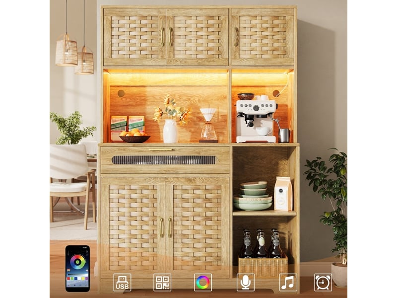  Armoire haute de salon avec led 120x180cm buffet de cuisine en mdf naturel  - Conforama E