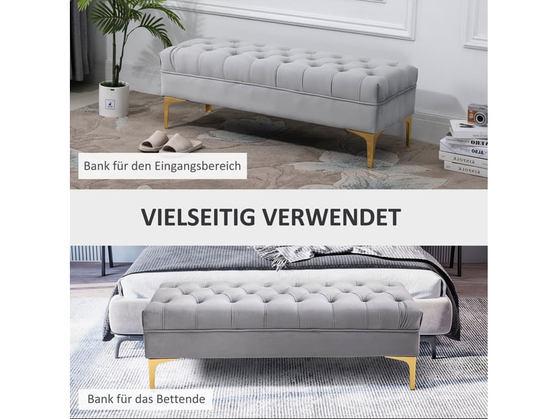 Banc de lit en velours 118x45x42 cm gris clair, assise capitonnée et pieds métalliques dorés pour chambre et entrée  - Conforama E