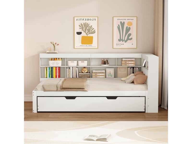  Lit gigogne 90x200 + 90x190 cm avec rangements et port usb, pin blanc, sans matelas  - Conforama R