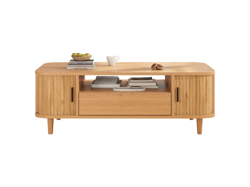  Table basse 100x50x35 cm - 2 portes à rideau, 1 tiroir et niche ouverte - mdf et panneaux de particules - bois naturel CozyNest - Conforama A