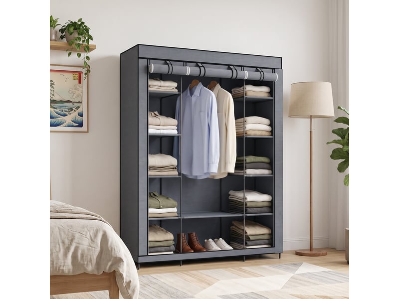  Armoire gain de place en tissu avec penderie et 11 étagères, 135 x 45 x 175 cm, pour la chambre, grise  - Conforama C