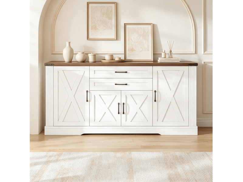  Buffet de cuisine avec 4 portes, 2 tiroirs et 6 étagères réglables, style campagne, blanc et brun, 160 × 39 × 81,5 cm  - Conforama E
