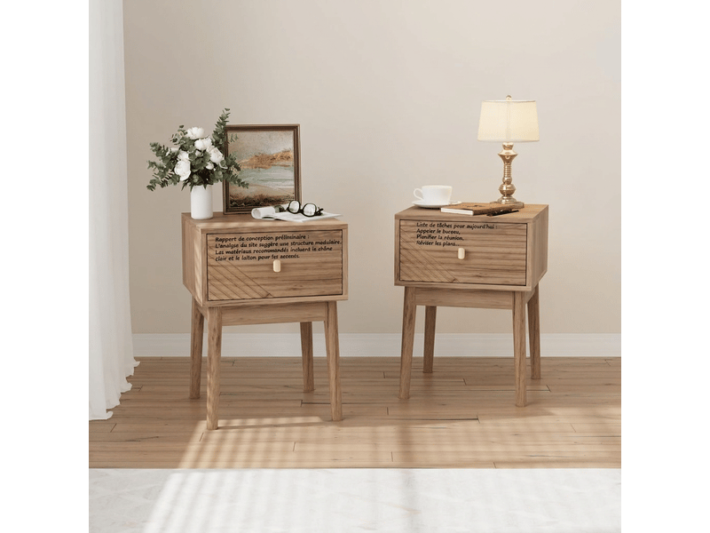  Table de chevet lot de 2 vintage scandinave chêne avec poignées en métal 40x40x55 cm  - Conforama B