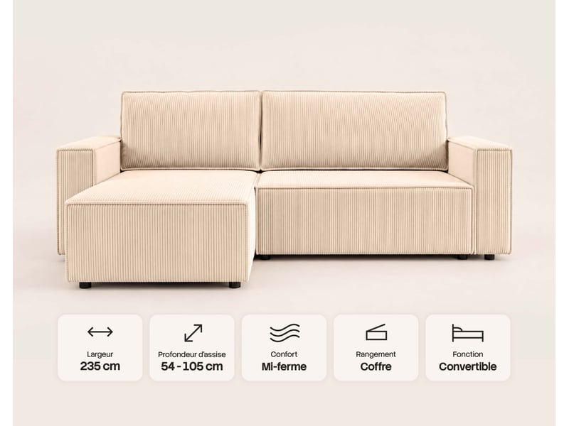 Hector - canapé d'angle réversible 4 places convertible avec coffre en velours côtelé - best mobilier - vert HECTOR - Conforama E