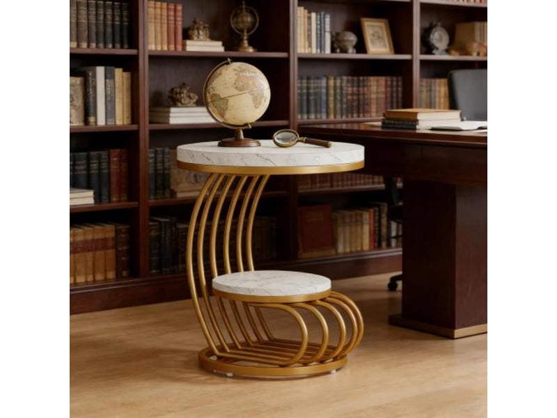 Table basse ronde à 2 niveaux ouverte en marbre imitation et métal doré pour salon chambre 50 × 50 × 63 cm - Conforama E