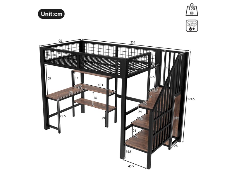  Lit mezzanine 90x200 cm avec bureau, étagères et armoire noir et marron  - Conforama C