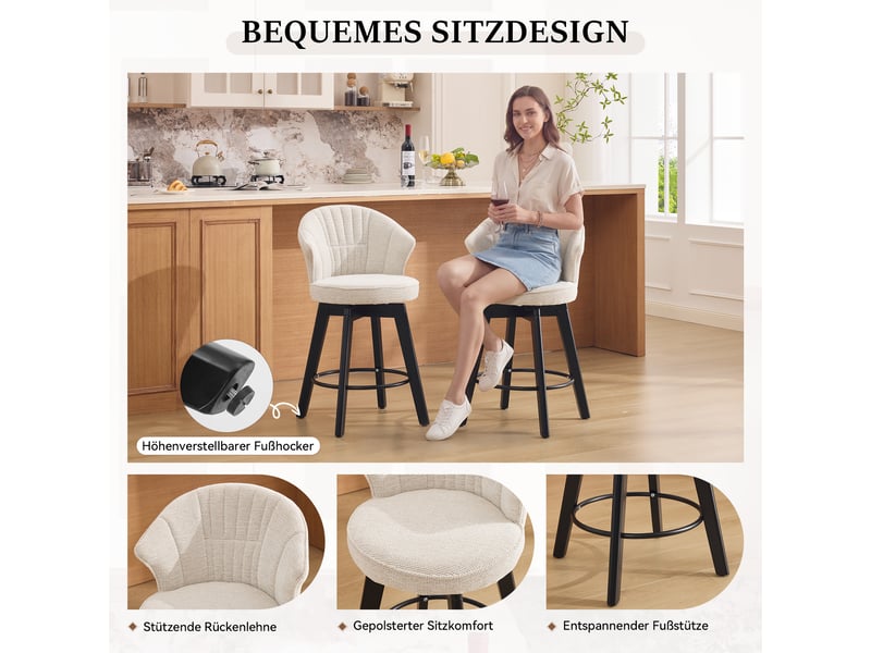  Lot de 2 tabourets de bar pivotants,avec dossier et repose-pieds,chenille,beige  - Conforama E