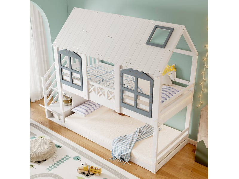 Lit superposé enfant 90 x 200 cm avec toit, escalier à 3 rangements, blanc et gris - Conforama D