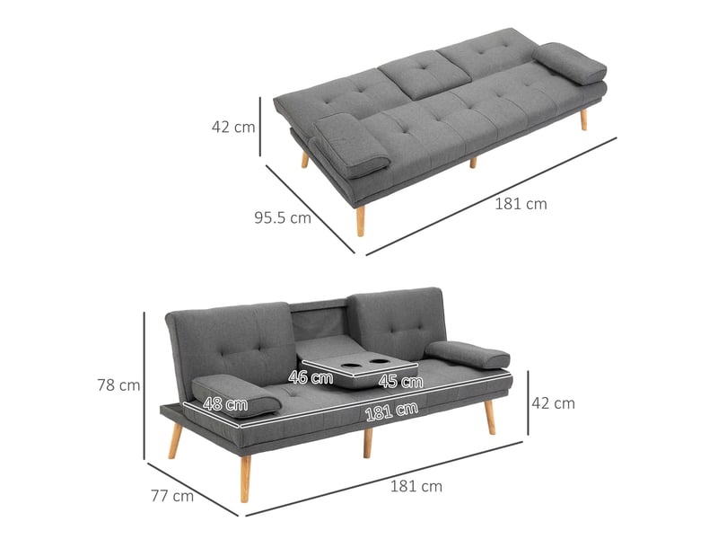 Canapé 3 places convertible design scandinave table pliante porte-gobelets gris foncé 250kg  - Conforama C