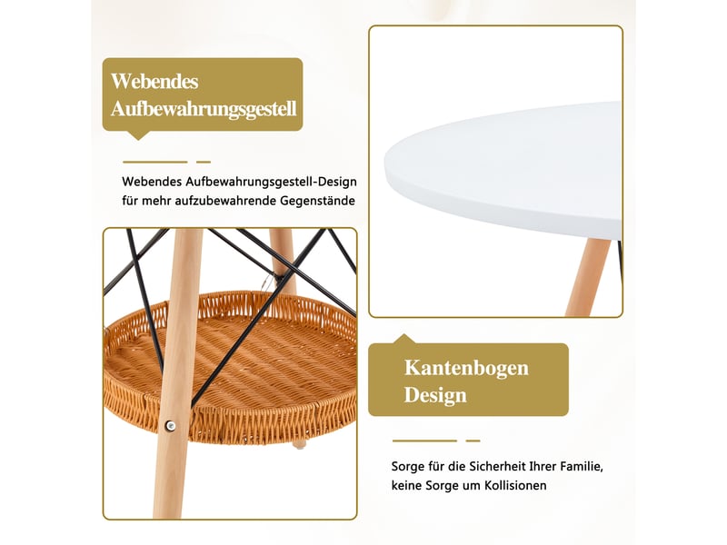  Table à manger ronde 2 à 4 places avec panier de rangement - lpospi - pieds en bois massif, mdf blanc et bois, ø 80 cm  - Conforama E