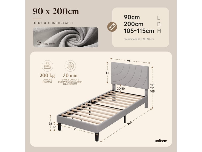 Lit 1 personne 90x200 cm, cadre de lit rembourré avec tête de lit réglable, sommier à lattes, pieds antidérapants, gris - Conforama E