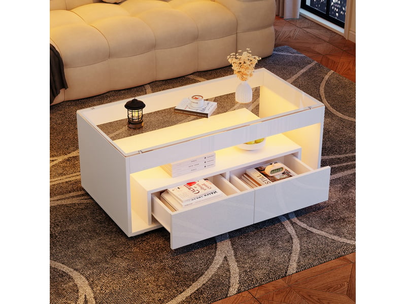  Table basse avec 2 tiroirs, 2 niches et led pour salon, en panneau de particules, blanche, 100 × 50 × 40 cm  - Conforama C
