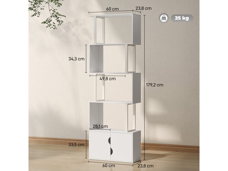  Bibliothèque en forme de s à 5 niveaux avec 5 étagères et 2 portes pour salon ou bureau, 60 x 23,8 x 179,2 cm, blanche  - Conforama E