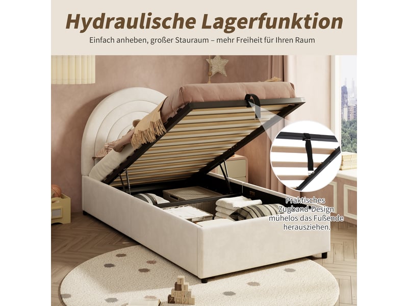  Lit coffre enfant 90x200 cm beige, velours, sommier relevable hydraulique, tête de lit rembourrée, sommier à lattes inclus  - Conforama D