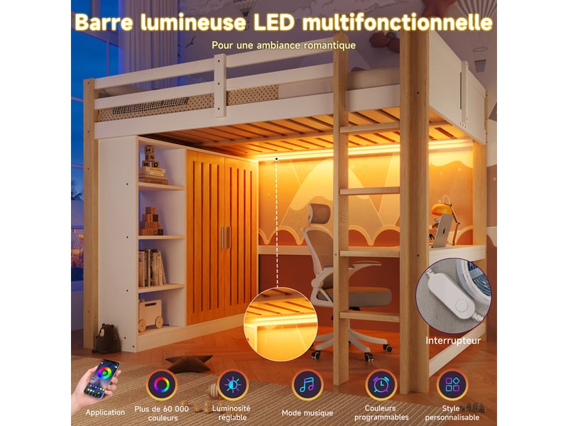  Lit mezzanine 140x200 cm avec bureau armoire led et étagères lit enfant avec échelle en pin et mdf blanc bois naturel BUYDEEMEUS - Conforama E