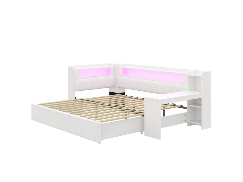 Lit gigogne extensible 90/180x200 cm avec bureau, led 7 couleurs, ports usb, tissu lin blanc, sans matelas - Conforama A
