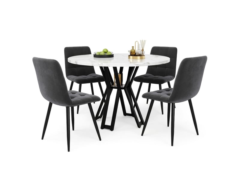  Ensemble table ronde ø100 cm et 4 chaises en velours gris, style moderne  - Conforama A