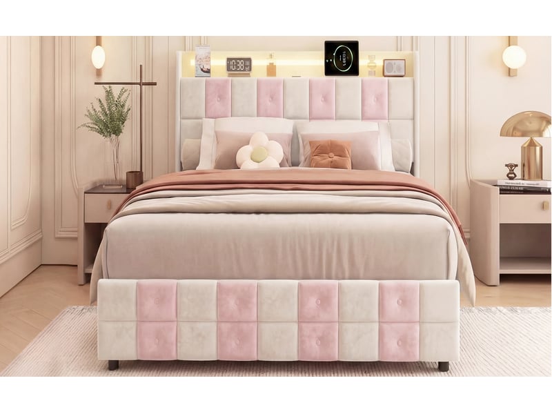  Lit double 140 x 190 cm blanc et rose – velours, tête de lit avec étagère &amp; led, usbtype-c, 4 tiroirs  - Conforama D