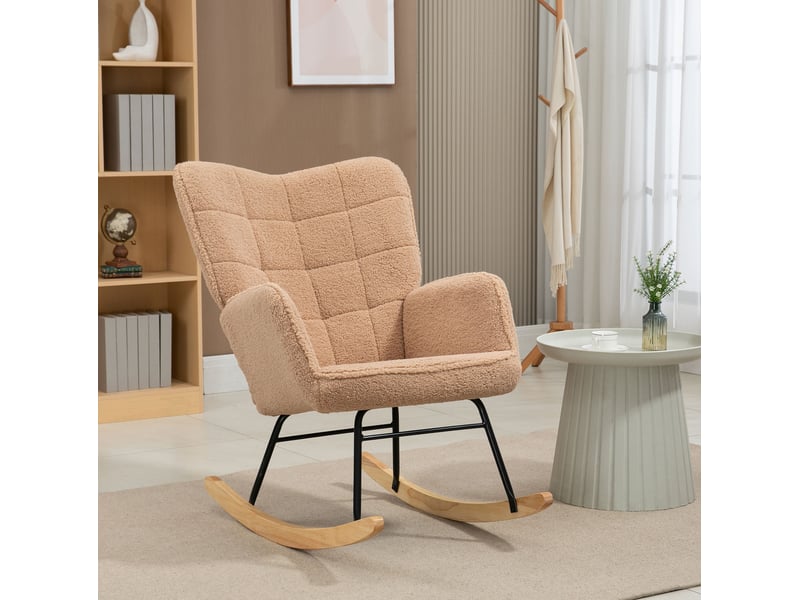  Fauteuil à bascule 71x98x101 cm, dossier capitonné, accoudoirs, tissu polyester, bois de hêtre, marron  - Conforama B