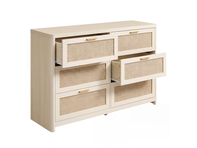  Commode de chambre 6 tiroirs, meuble de rangement bohème, 120 x 40 x 80 cm, beige  - Conforama A