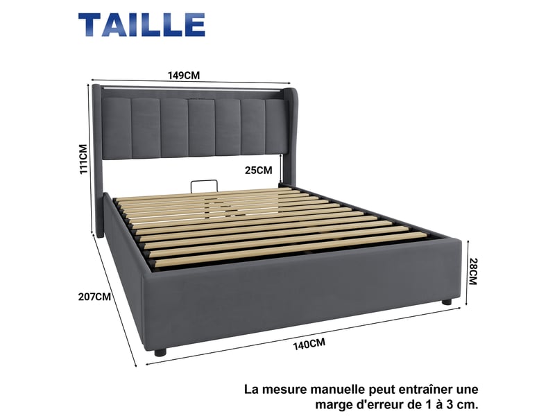  Lit coffre 140 x 190 cm gris foncé avec tête de lit de rangement et éclairage led  - Conforama E