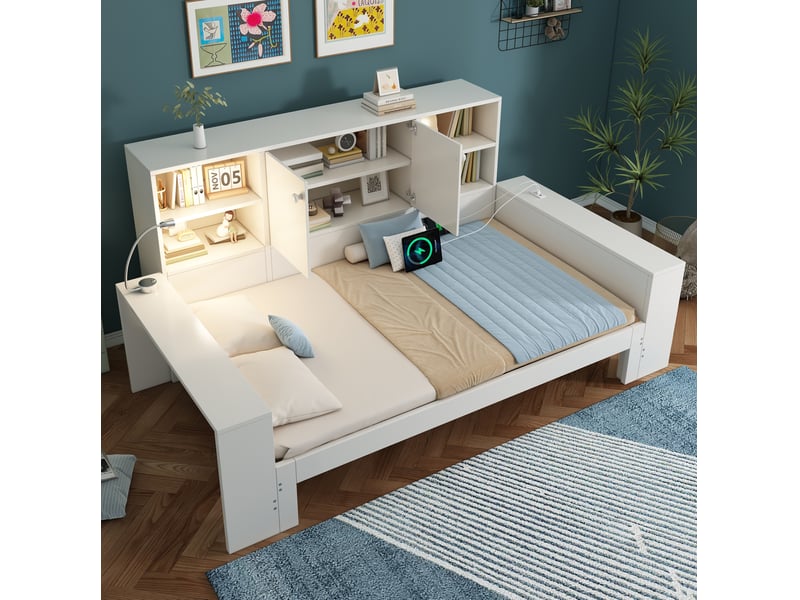  Modenvie lit gigogne 90x200 cm - avec rangement intégré, ports usb et usb-c, sans matelas - blanc  - Conforama E