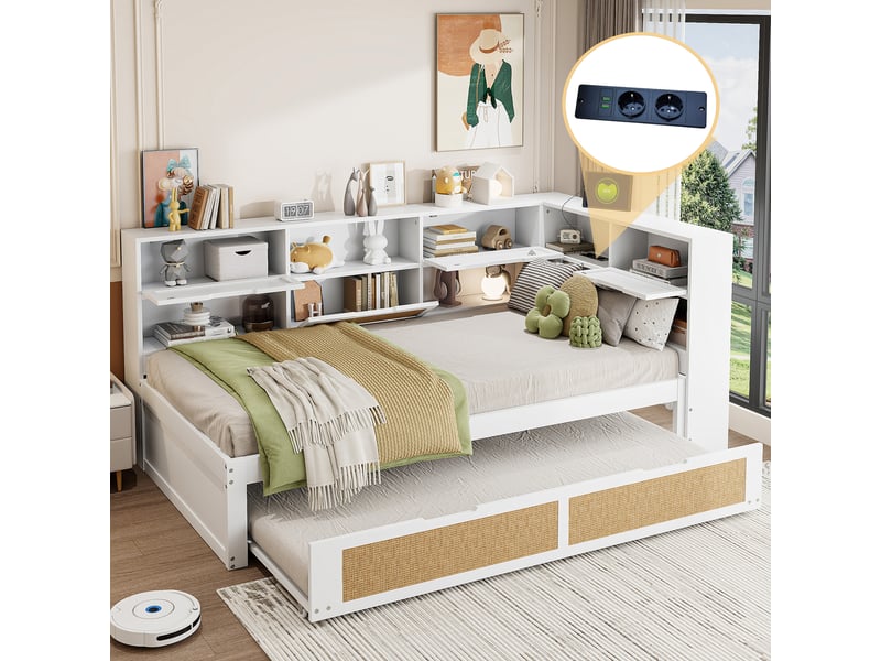 Canapé-lit en bois massif 90x200 cm avec lit gigogne, lit enfant avec port de recharge, lit 1 personne, blanc  - Conforama A