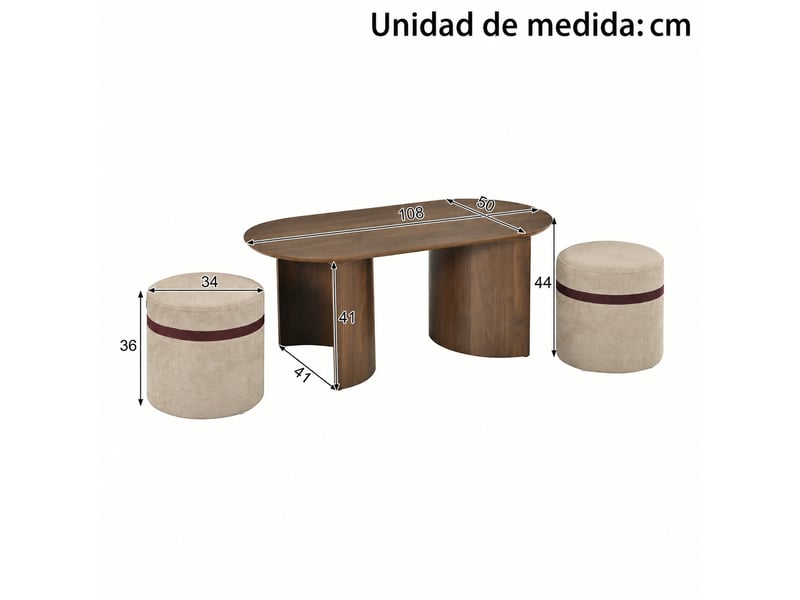  Table basse ovale, ensemble 3 pièces avec 2 tabourets rembourrés, plateau en mdf et tabourets en pin pour salon, noyer  - Conforama E