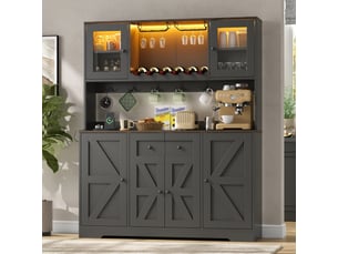 Buffet de cuisine haut 140 x 40 x 173 cm avec led rgb, prises usb, portes vitrées, range-bouteilles, porte-verres, plan de travail - noir