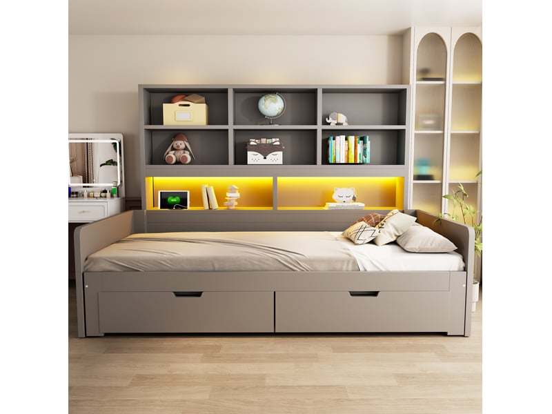  Lit gigogne jeune 90180x200 cm, espace de rangement, pour chambre, avec rangements, led et prises, mdf, couleur gris  - Conforama E