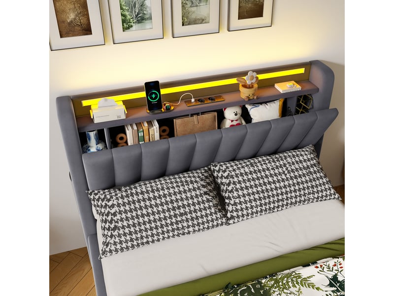  Lit coffre 140x190 gris avec tête de lit rangement led usb prises tissu rembourré  - Conforama R