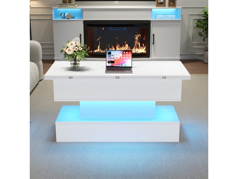 Table basse relevable 100x50 cm avec led, prises usb-c, rangement caché, blanche  - Conforama D