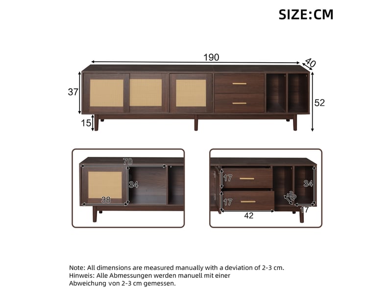  Meuble tv 190 cm rotin marron pour écran 75 pouces, 3 portes et 2 tiroirs, 6 pieds stables  - Conforama C