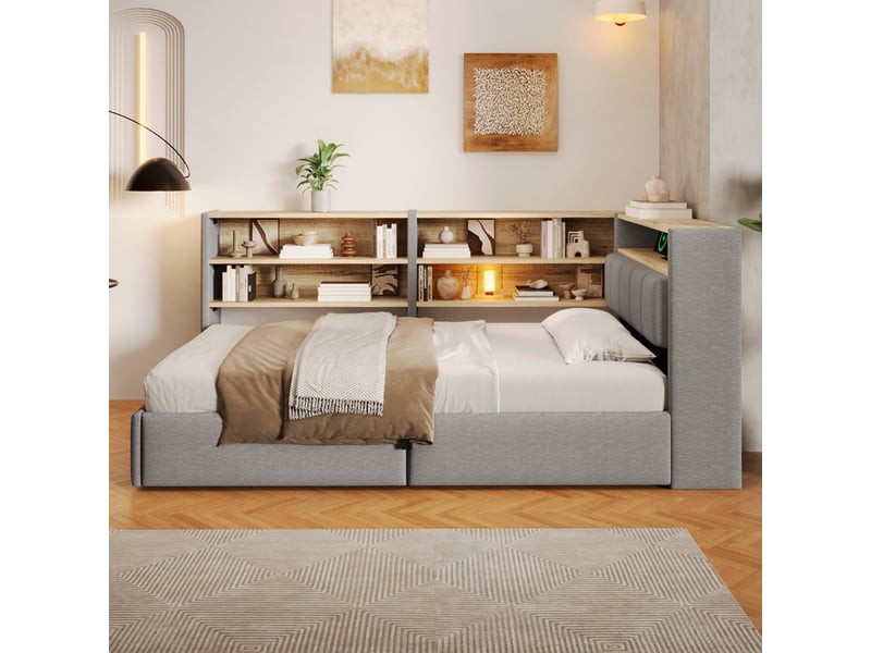  Canapé-lit coffre 90 x 200 cm - avec prise électrique - avec port usb + bande lumineuse led - tissu velours - gris (matelas non inclus)  - Conforama B