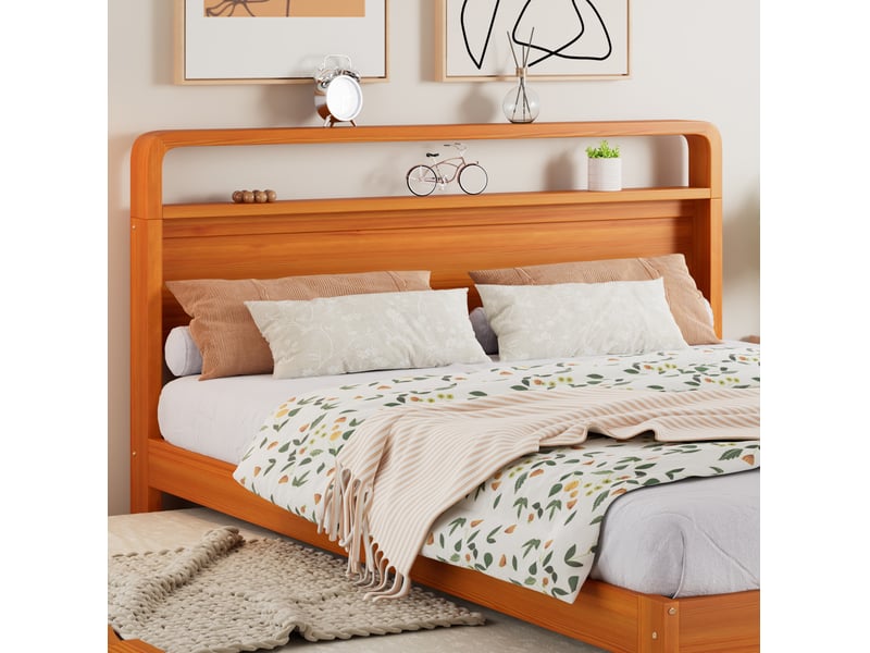  Lit 2 places, 140x200 cm, lit gigogne 90x190 cm, tête arrondie, espace nuit, matelas non inclus, bois, coloris naturel  - Conforama E