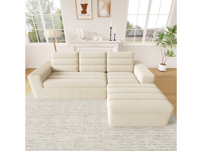  Canapé d'angle modulable 4 places avec pouf - canapé velours côtelé beige sans structure 253cm  - Conforama D