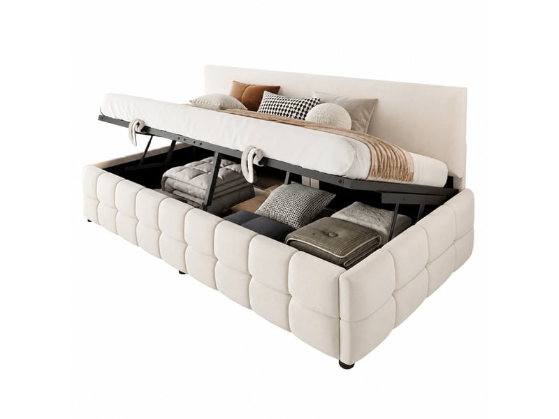  Lit coffre 90x200 cm, beige, mdf, levage hydraulique, dossier sans accoudoirs, sans matelas  - Conforama D