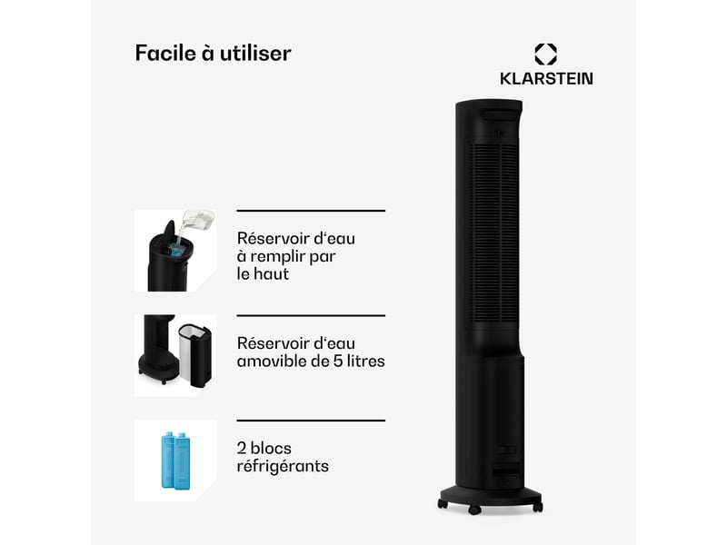 Klarstein polar rafraîchiseur d'air à eau connecté 300 m³h 5l 30 m² 3 modes 75w noir - Conforama E