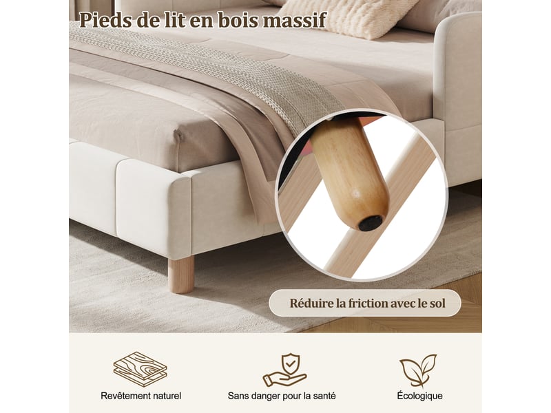  Lit banquette rembourré 140x190 cm, lit simple avec tête de lit, lit enfant, barrière de sécurité, pieds bois massif, velours, beige Seren Glow - Conforama E