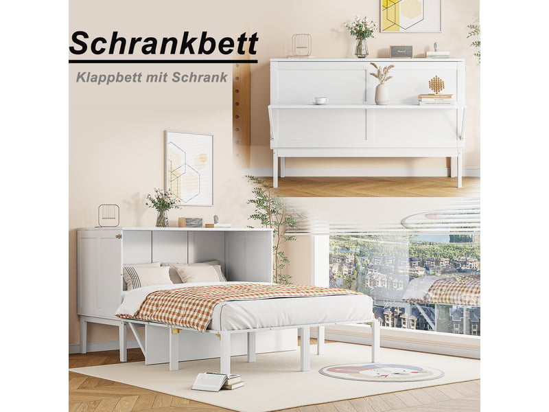  Lit mural rabattable 140x200 cm blanc, sommier à lattes et rangement sous le lit, gain de place pour chambre  - Conforama D