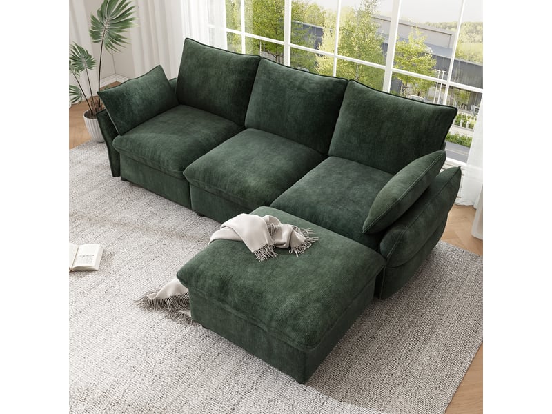  Canapé d'angle vert foncé 3 places avec pouf - chenille 222,5 cm - modulable en l  - Conforama D