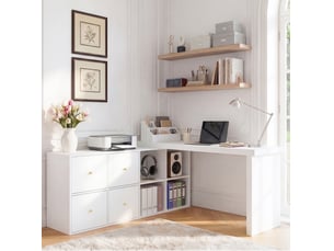Bureau d'angle rotatif 360° 140x120x78 cm, anti-basculement, 4 tiroirs, orientation gauche, meuble chambre, mdf, blanc