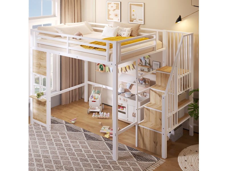  Lit mezzanine enfant 140 x 200 cm en métal et mdf avec escalier de rangement blanc  - Conforama E